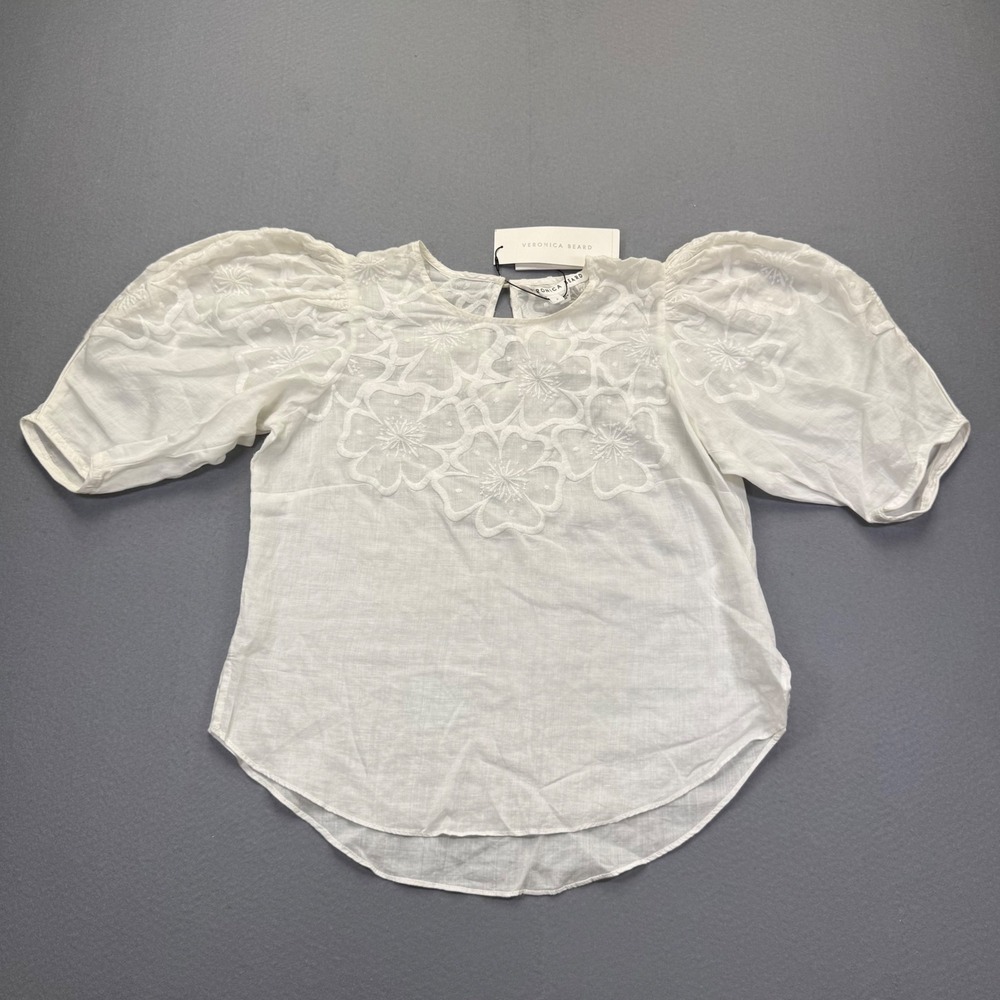 Veronica Beard Kamryn Top White Embroidered Ramie Puff Sleeve Blouse Sz 2 READ